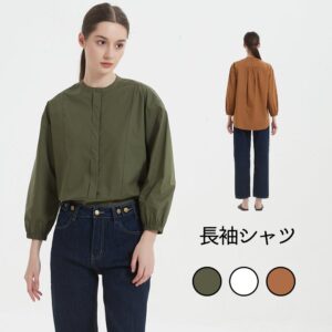 綿100％ボタンがかくれんぼフライプラケット長袖シャツブラウス  KNNC306